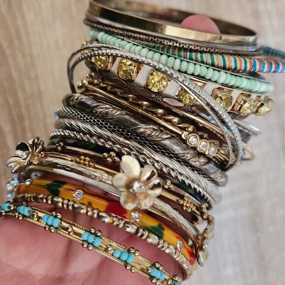 Large Blue & Silver Textured Boho Bohemian Gypsy Bangle Collection Lot Set - Picture 3 of 7